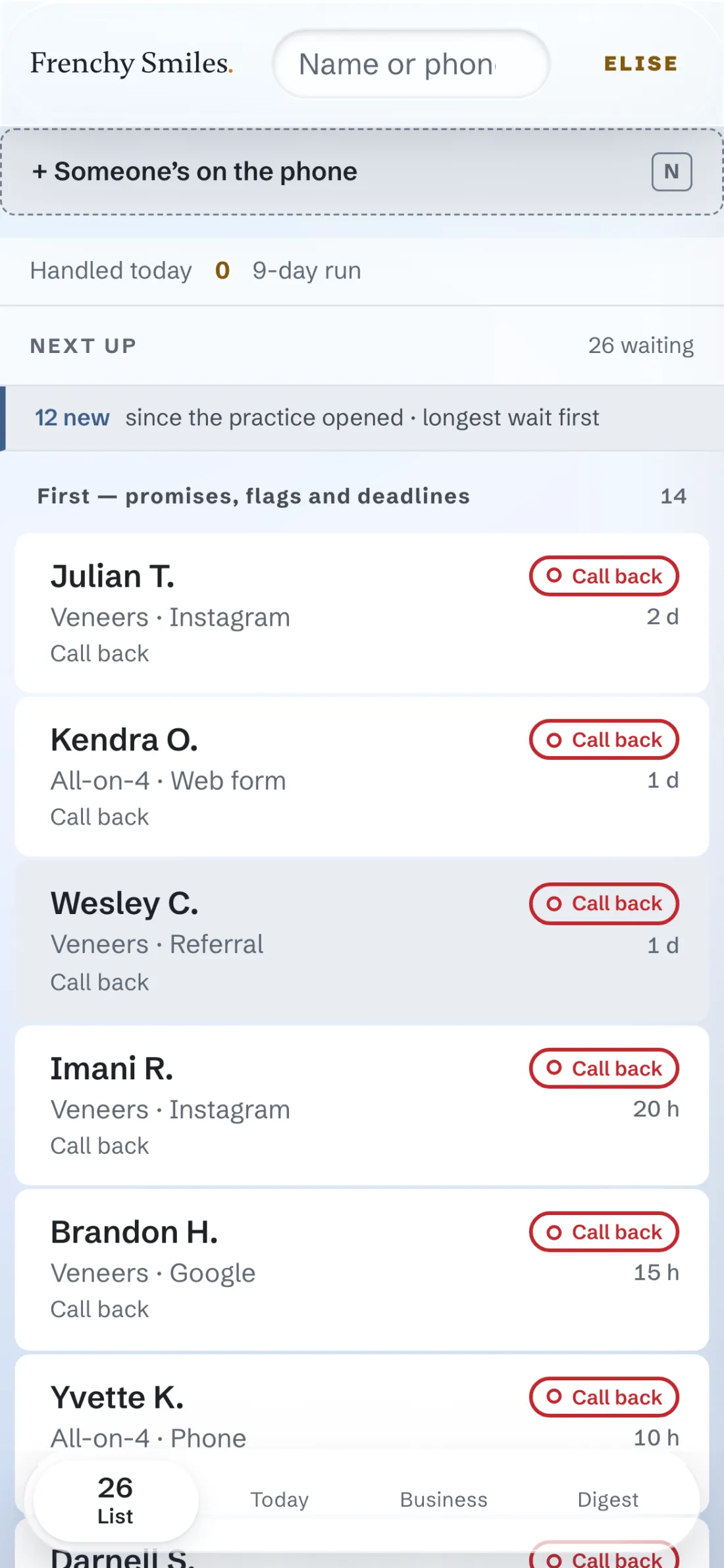 The same CRM on a phone: the call queue as a single column of cards with a fixed bottom tab bar for List, Today, Business and Digest.