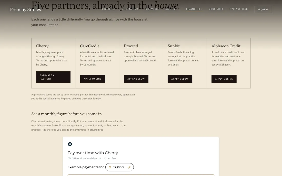 The Frenchy Smiles financing page, explaining payment options in a clear editorial layout.