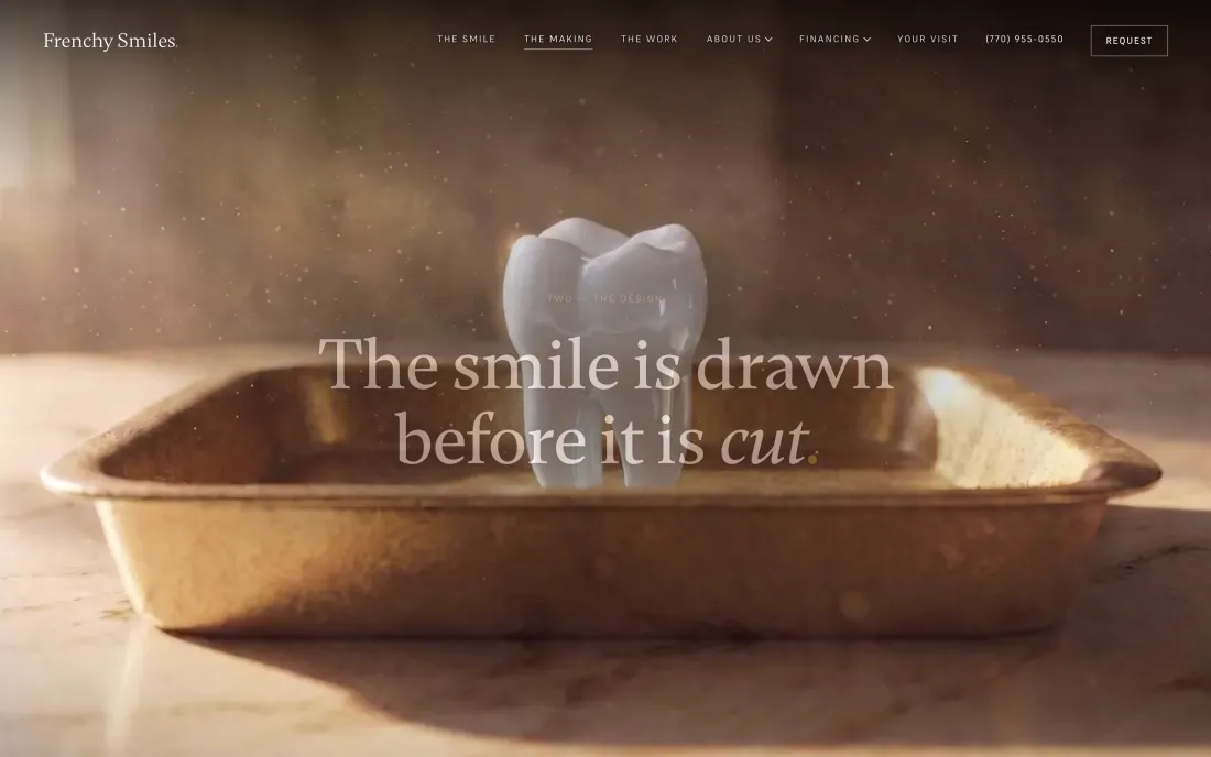 A page from the Frenchy Smiles site explaining how a veneer case is made, laid out as a scroll-driven sequence with large typography.