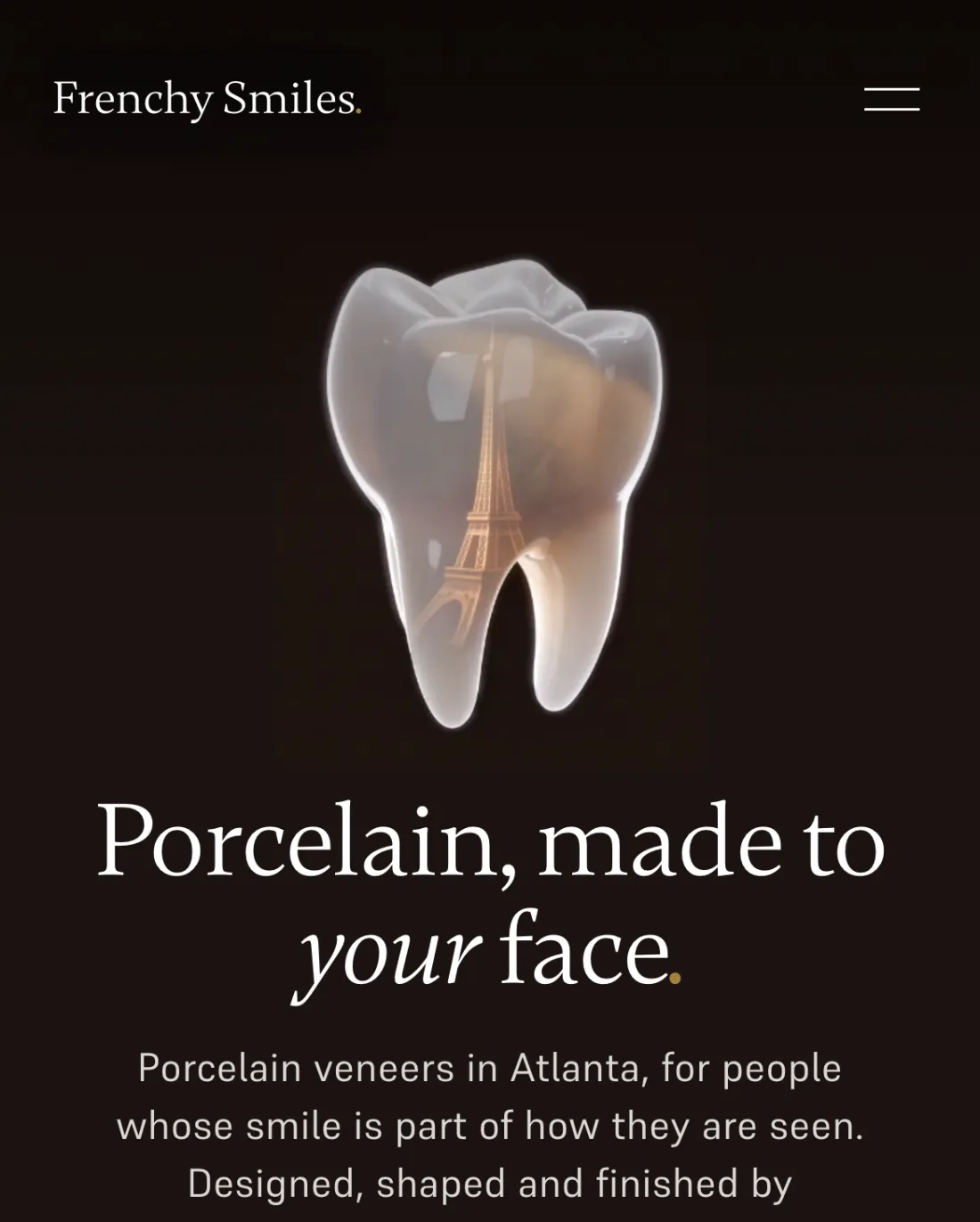 The Frenchy Smiles home page on a phone: the 3D tooth above the headline, with the whole layout rebuilt for a narrow screen.