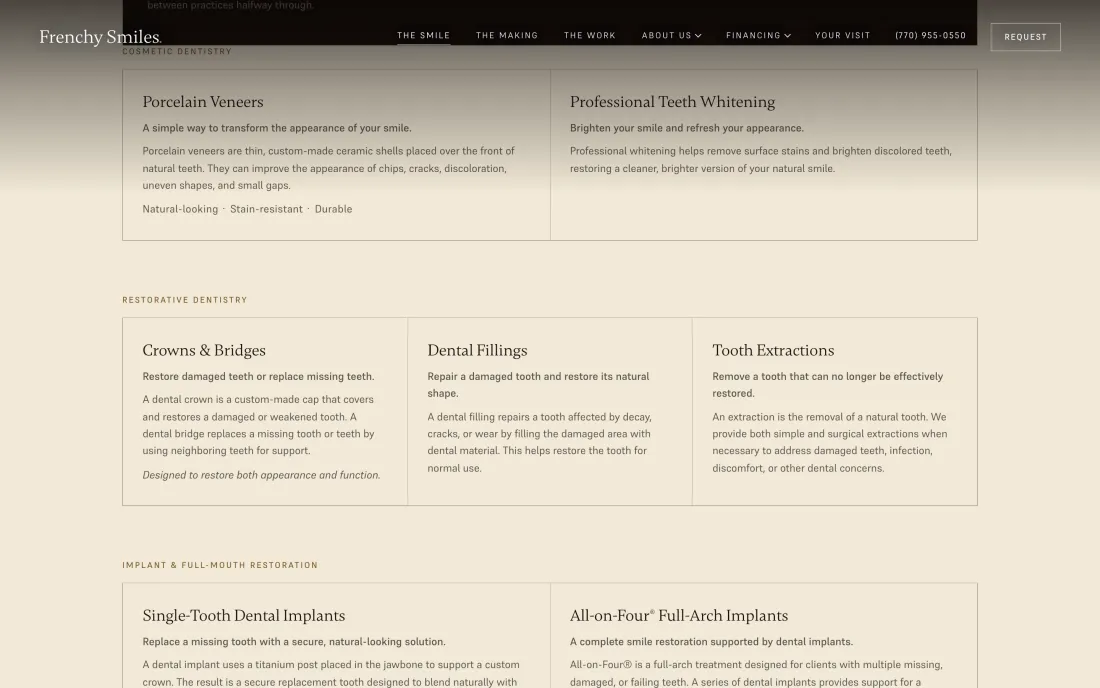 The Frenchy Smiles services page listing treatments with descriptions in an editorial layout.